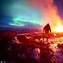 英摄影师拍摄到绚丽北极光辉映冰岛火山喷发