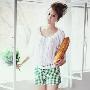 韩国进口女装时尚可爱清新绿色棉格子低腰女短裤P37441