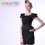 Maxchic专柜夏海报款奢华优雅系列荷叶边立体修身短袖连衣裙黑色