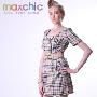 Maxchic专柜正品奢华优雅经典格纹双排扣腰带圆领短袖连衣裙