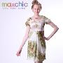 限量发售Maxchic爆款奢华系列清新华丽真丝缎绚烂褶连衣裙
