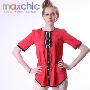 Maxchic专柜正品奢华优雅系列蕾丝知性撞色圆领短袖衬衫上衣红色