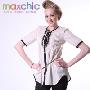 Maxchic专柜正品奢华优雅系列蕾丝知性撞色圆领短袖衬衫上衣米色