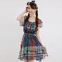 Jbonly 2010春装夏装新款 韩版苏格兰格子高腰 雪纺连衣裙 2118