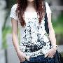 2010夏装新款韩版时尚印花帆船圆领短袖T恤  BY110