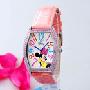 正品迪士尼手表,粉色时尚米奇手表,酒桶镶钻彩色数字刻度皮带女表