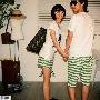 2010韩国超人气夏日情侣必备圆领短袖Q版照相卡通字母+条纹裤 绿