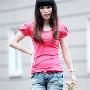 2010夏装新款 韩版实拍百搭时尚修身镶钻V领泡泡短袖T恤