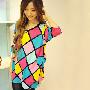 韩国甜美彩色格子褶皱长款中袖卫衣 LT2614