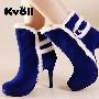 〓實拍〓韓國Kvoll超高跟絨布圓頭低筒短靴★X3017藍色